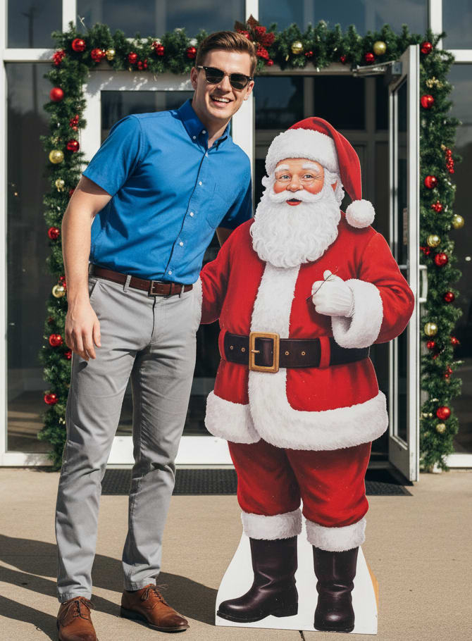 Man posing with Santa cutout