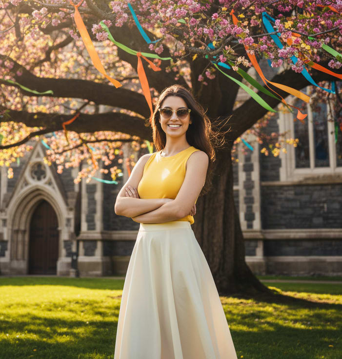 Woman under flowering tree at church
