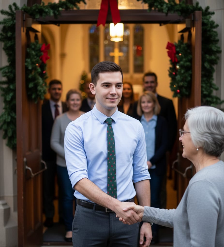 Man shaking hands at church exit