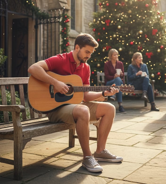 Man playing guitar in courtyard