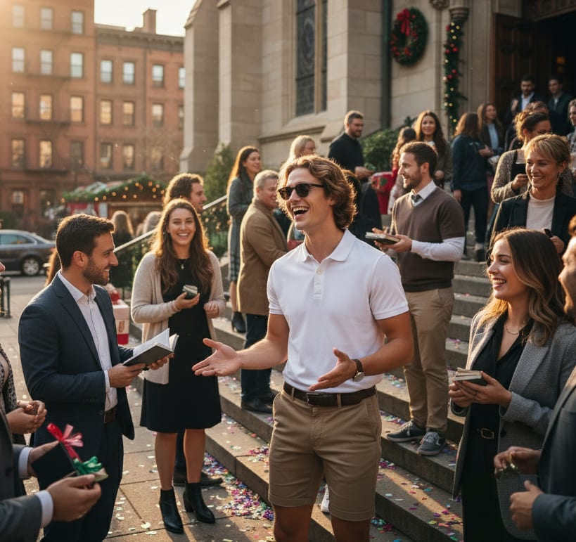 Man with sunglasses on church steps