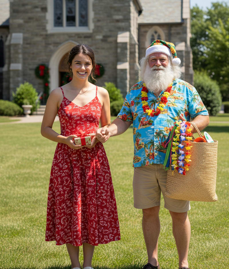 Woman posing with Santa on lawn