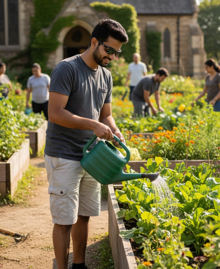 Man watering church garden