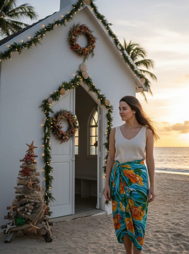 Woman outside beachside chapel