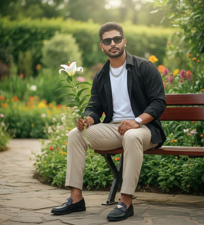 Man in botanical garden with lily