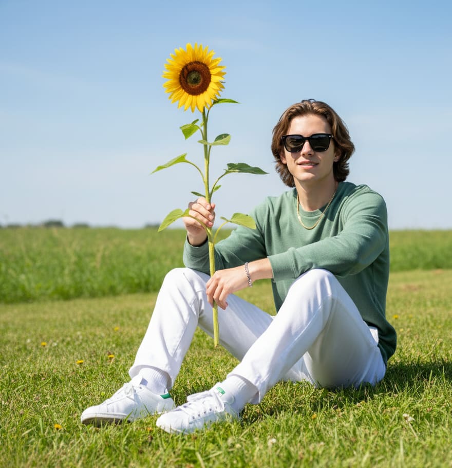 Man in meadow with sunflower