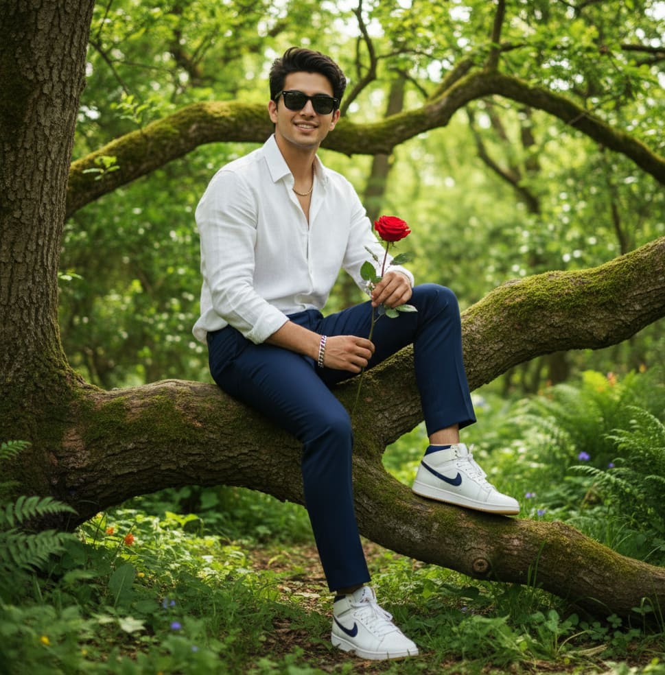 Man on tree branch with rose