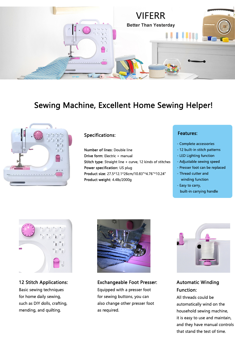 VIFERR Electric Sewing Machine Crafting Speed Crafting Mending Machine  Portable Mini with 12 Built-in Stitches, 2 Speeds Double Thread, Embroidery,Foot  Pedal for Beginners and Kids (White and Pink) 