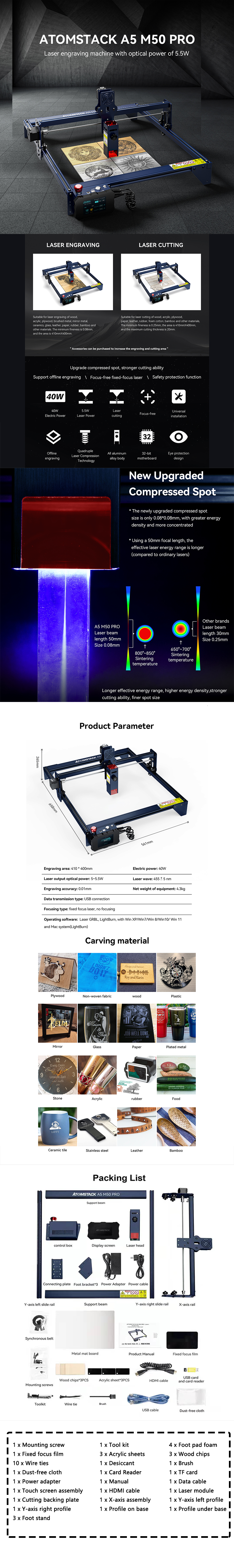 ATOMSTACK A5 M50 Pro 40W Laser Engraver 30mm Focal Length Cutting Alloy  Offline Control Engraving Machine CNC Router Printer - ChiTu Systems!