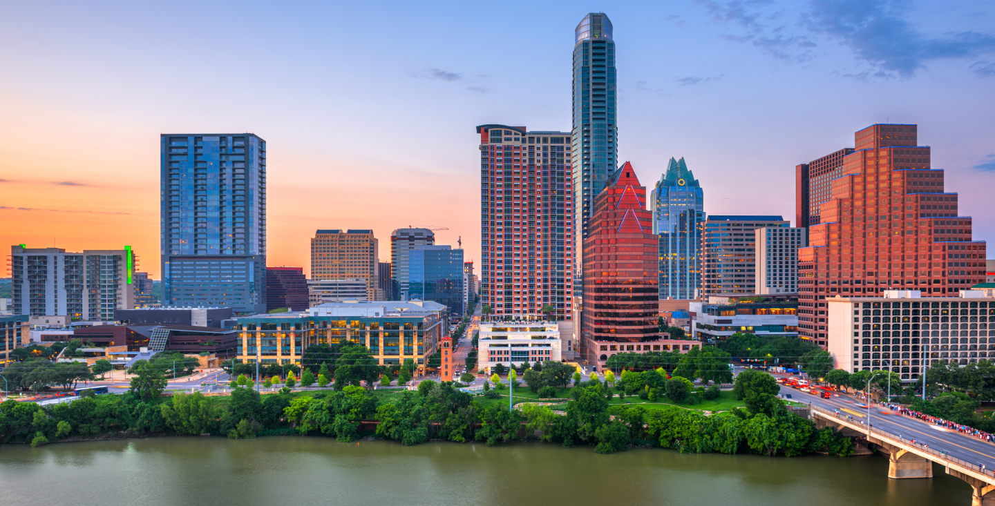 Austin Texas skyline at sunset,  birth certificate application across the state