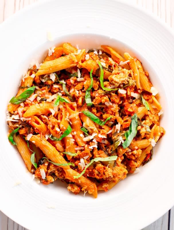 Primi Gluten-Free Penne with Chicken and Mushrooms in a Spicy Tomato Sauce