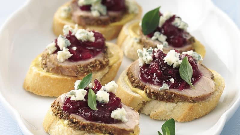 Maple Glazed Pork Tenderloin and Cranberry Sauce Crostini