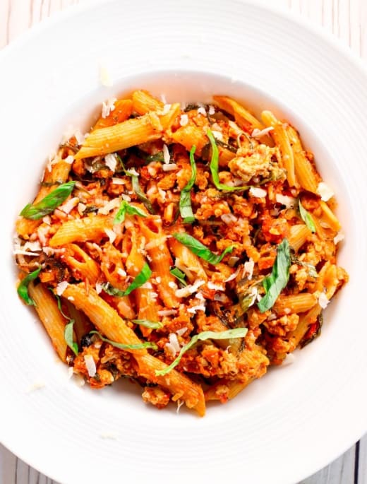 Primi Gluten-Free Penne with Chicken and Mushrooms in a Spicy Tomato Sauce