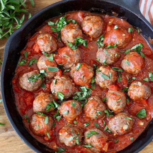 Beef Meatballs with Pesto, Spicy Tomato or Cherry Reduction Sauce