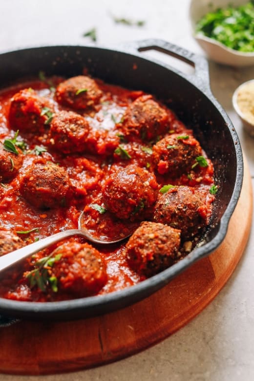 Vegan Meatballs with Pesto, Spicy Tomato or Cherry Reduction Sauce