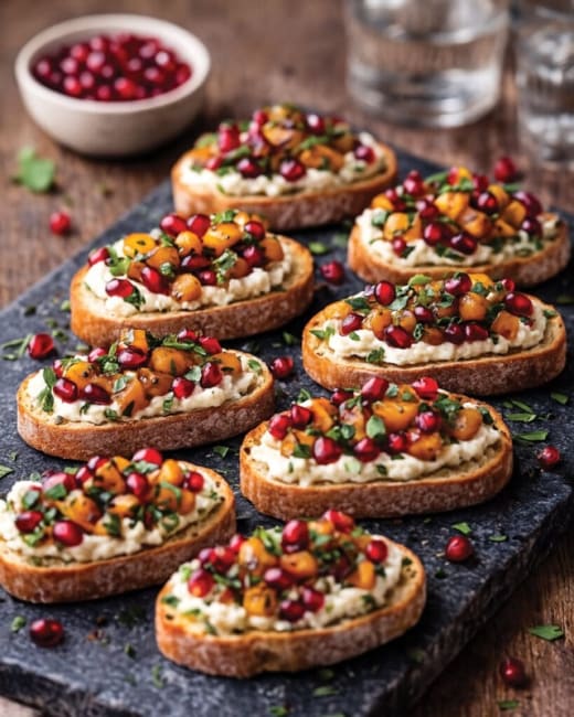 Whipped Feta, Pomegranate, and Roasted Butternut Squash Crostini