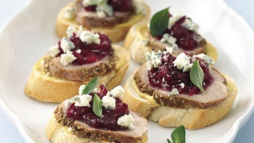Maple Glazed Pork Tenderloin and Cranberry Sauce Crostini
