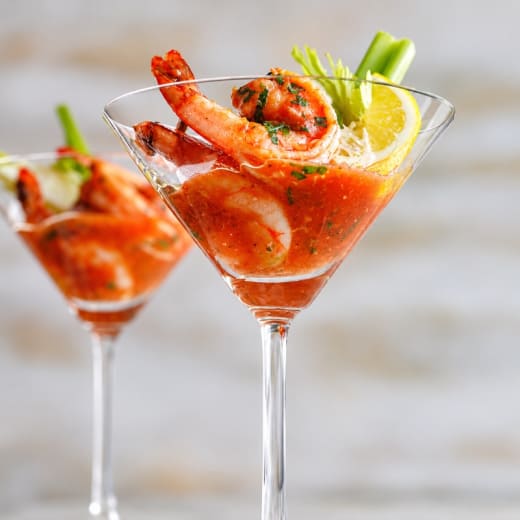 Bloody Mary Poached Shrimp Cocktail