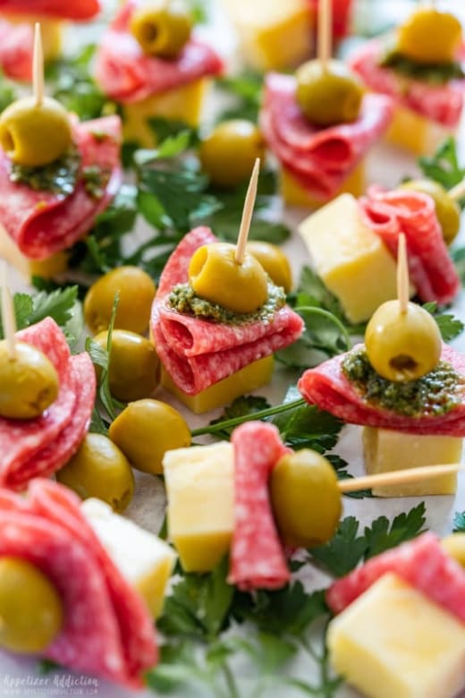Salami, Cheese, and Olive Skewers