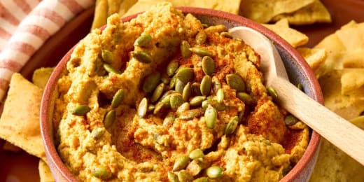 Savory Pumpkin Hummus with Spiced Pita Chips