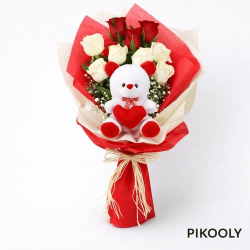 Red & White Rose Bouquet with Teddy in Bangladesh Red & White Rose Bouquet with Teddy in Bangladesh