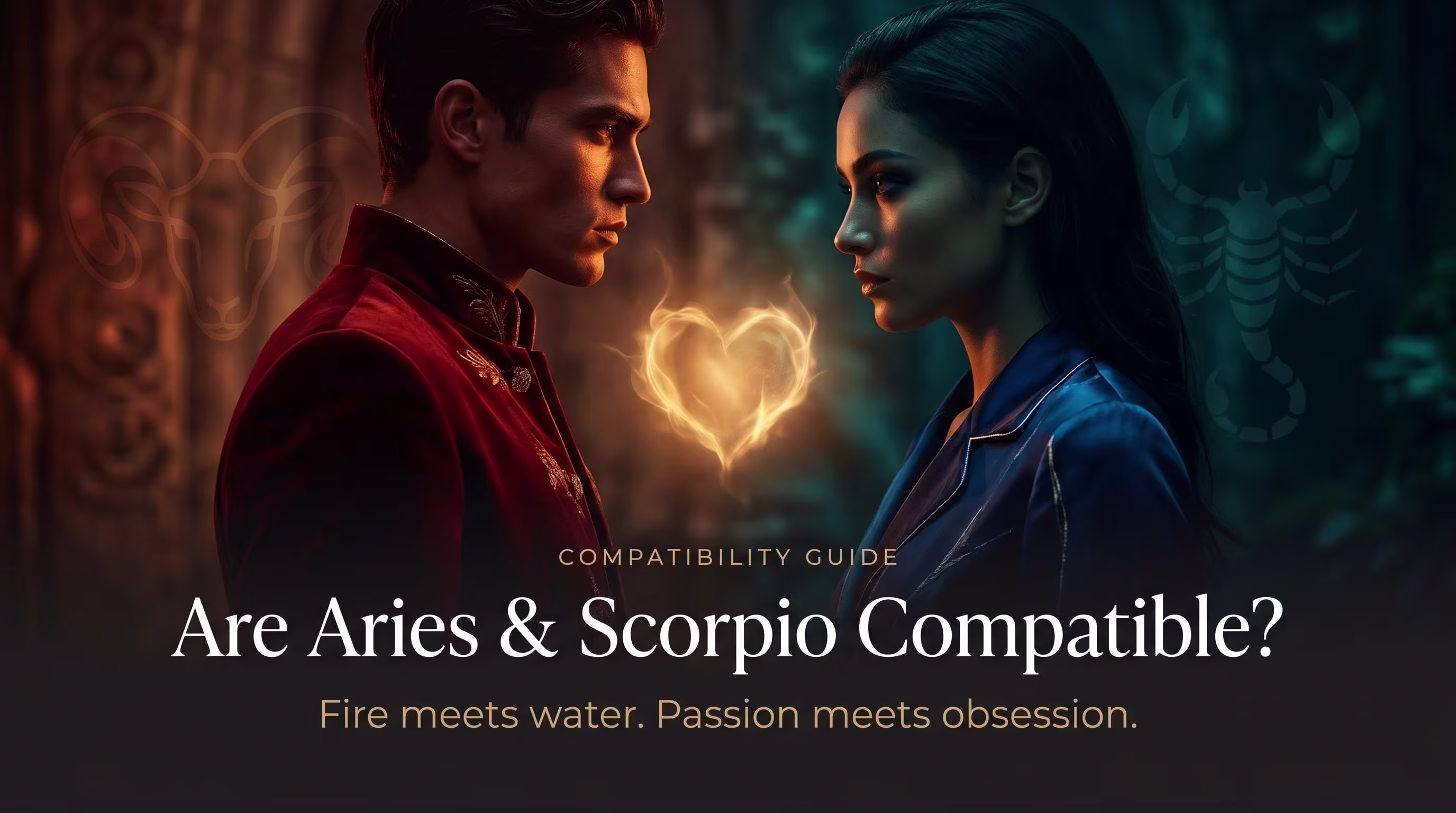 Are Aries and Scorpio compatible — cinematic portrait of two figures in red and teal light facing each other with magnetic tension
