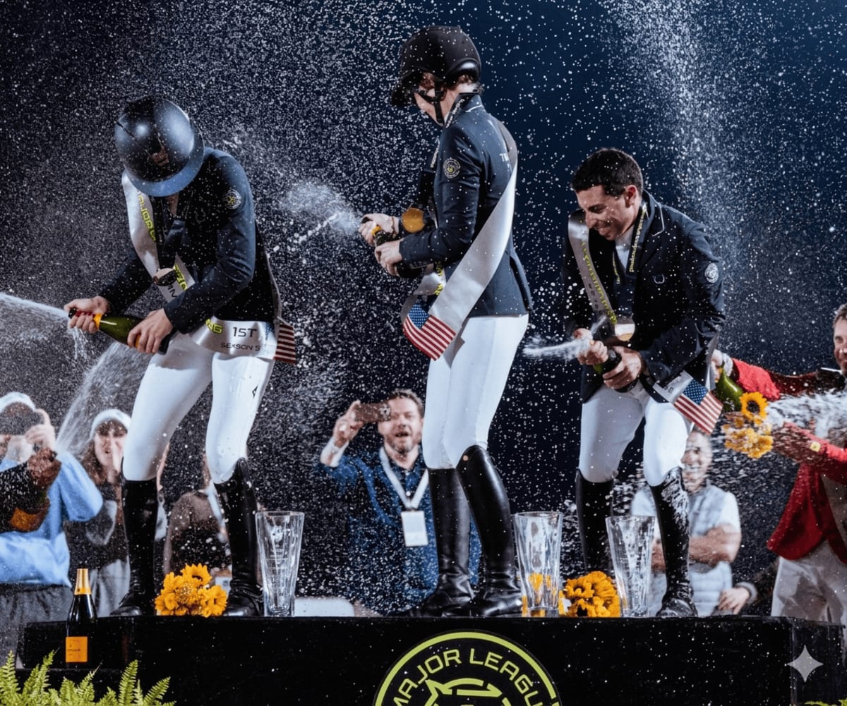 Showjumper on horse clearing fence during Major League Show Jumping competition at Rolex Stadium Kentucky