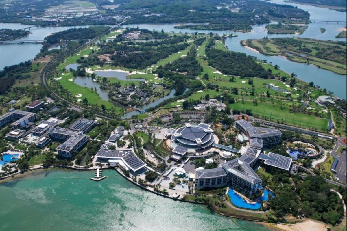 Aerial view of modern buildings in Boao zero-carbon demonstration zone, Hainan province, China
