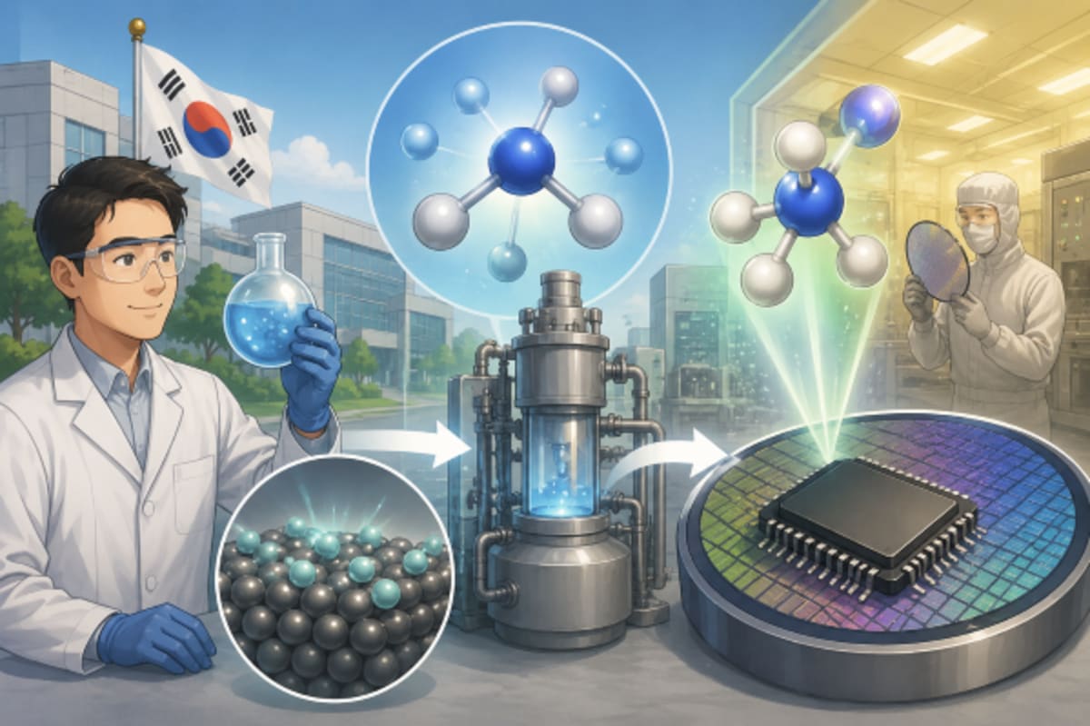 Scientists working with specialized chemical production equipment in Korean research laboratory facility