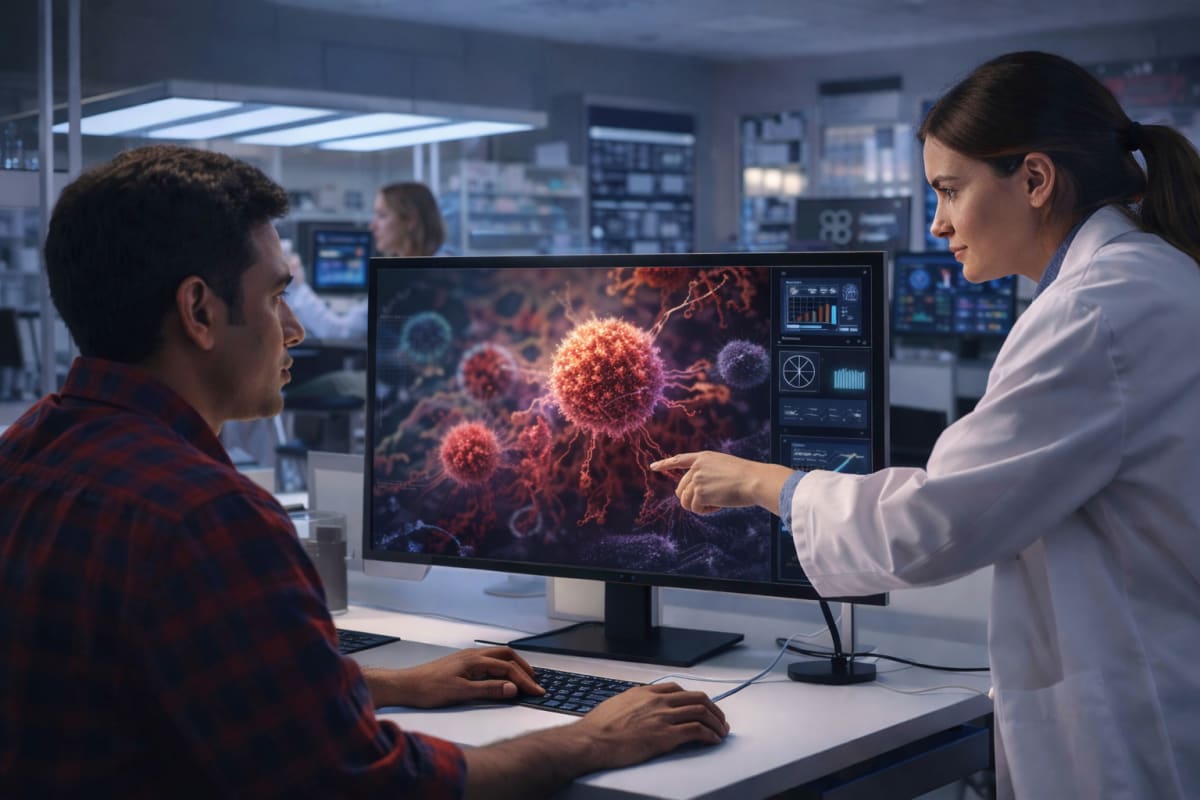 Researchers collaborating on AI cancer discovery technology at Google DeepMind laboratory
