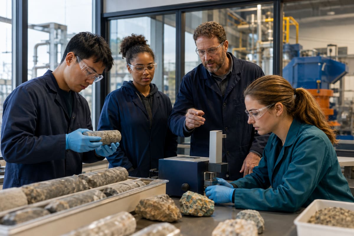 College students studying geological samples and mining technology in modern university laboratory setting