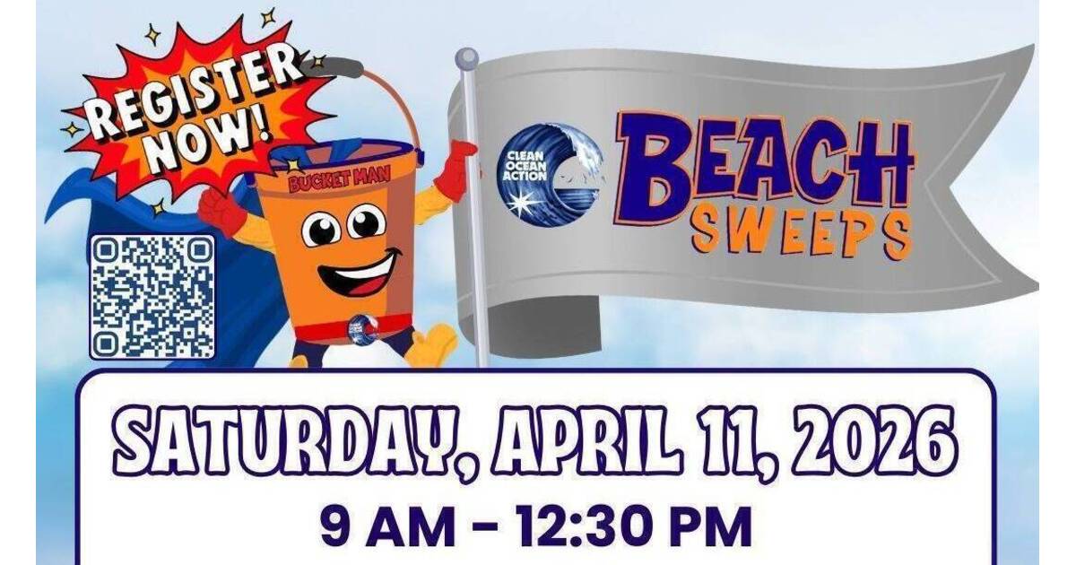 Volunteers in gloves collecting plastic debris and litter along sandy New Jersey beach during community cleanup event