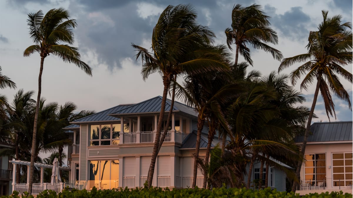 Palm trees bending in hurricane force winds in front of Florida home