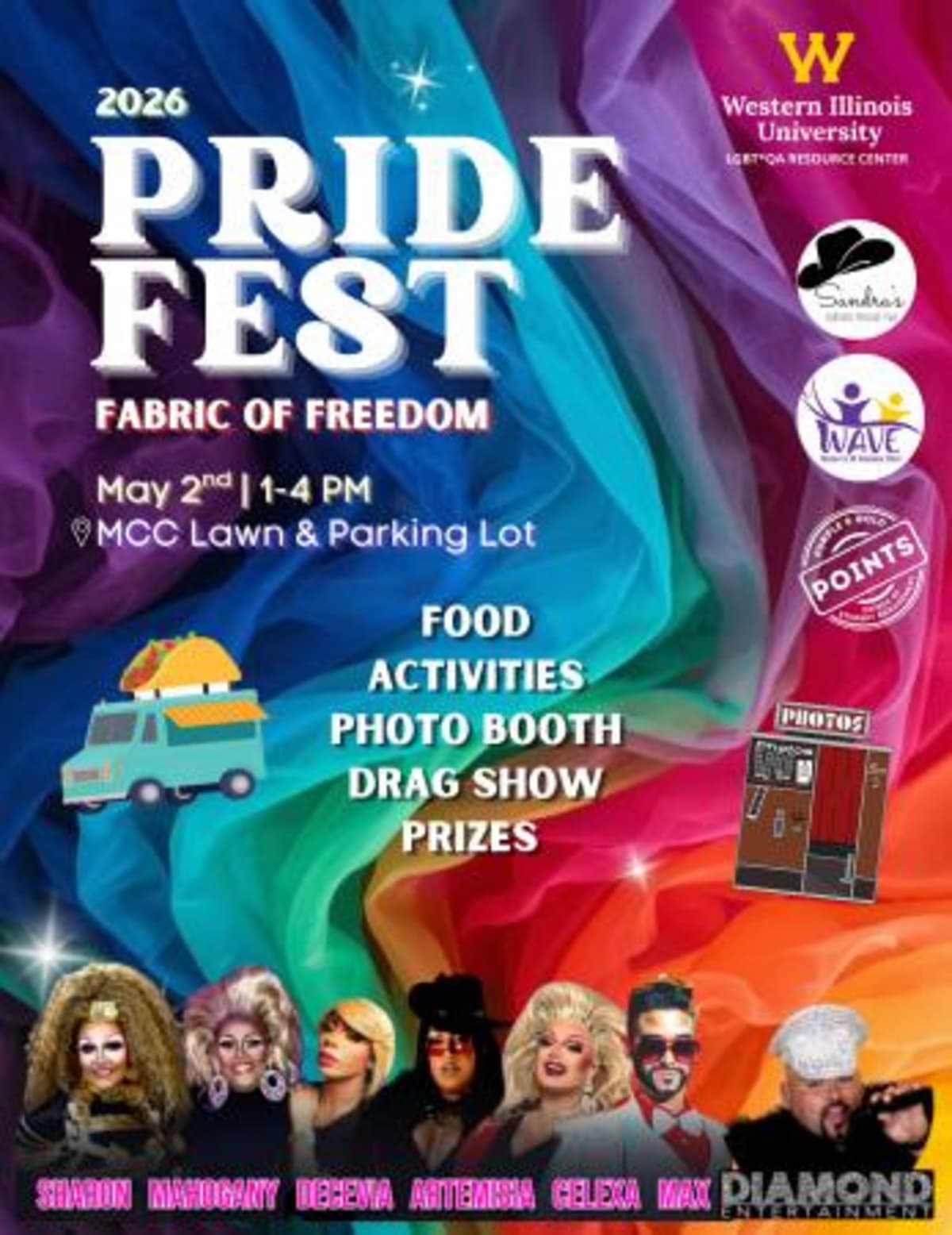 Colorful pride festival banner for Western Illinois University's May 2026 celebration event
