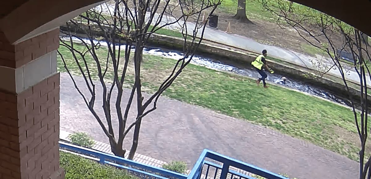 Daytime view of Big Spring Park creek in downtown Huntsville, Alabama where rescue occurred