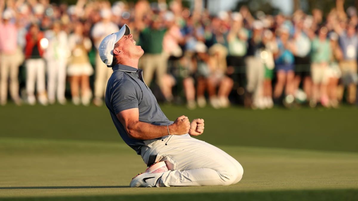 Rory McIlroy celebrating at Augusta National after winning the 2025 Masters Tournament