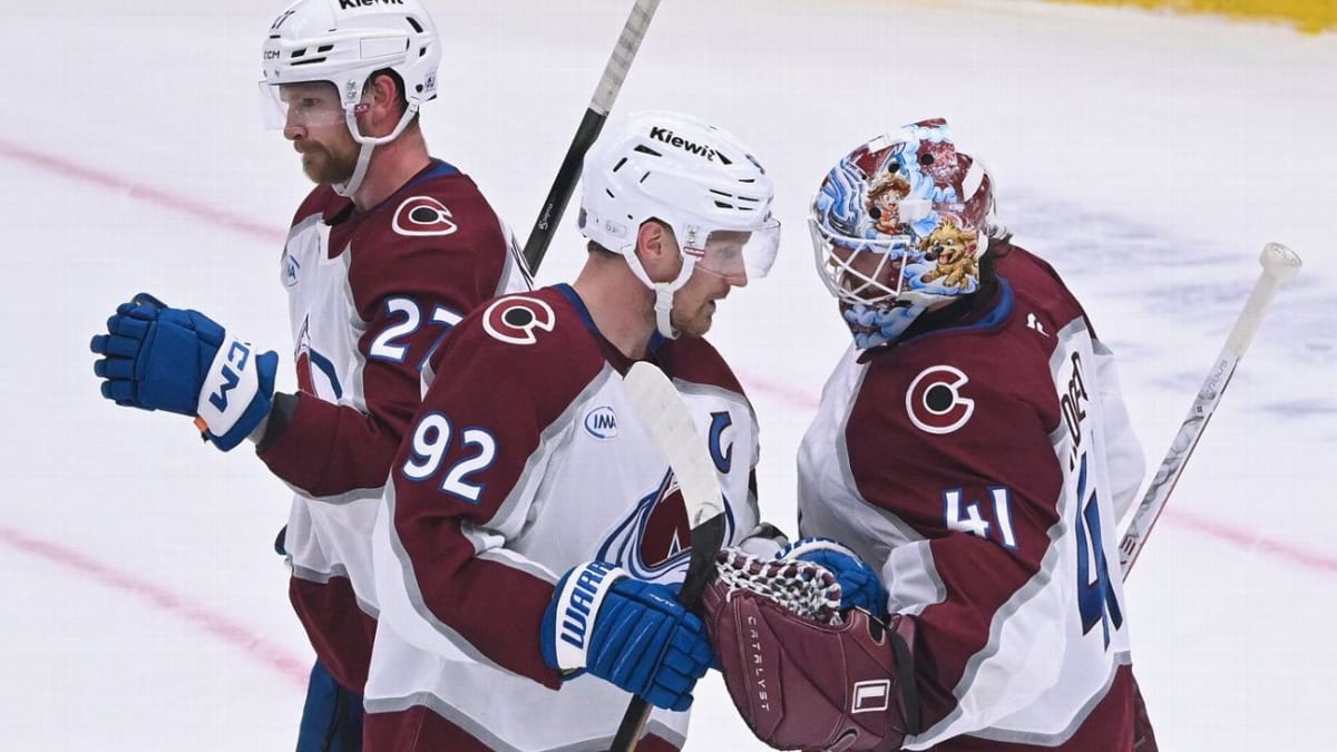 Colorado Avalanche players celebrating on ice after clinching Western Conference championship victory