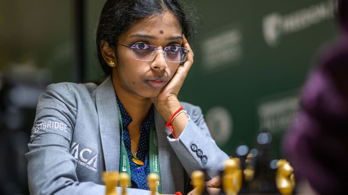 Indian chess player R Vaishali concentrating during her championship winning match at FIDE tournament