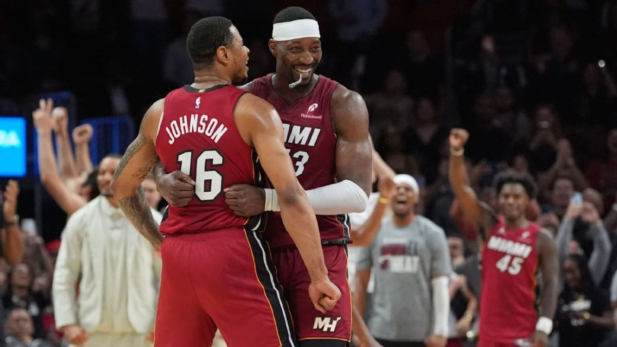 Miami Heat star Bam Adebayo celebrating on basketball court after historic scoring performance