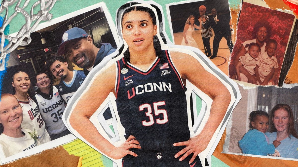 Azzi Fudd in UConn basketball uniform with her diverse multiracial family cheering courtside