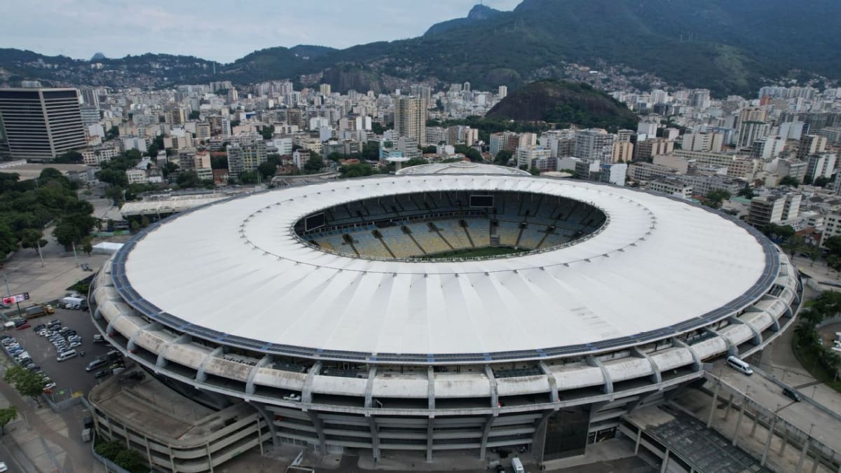 Aerial view of Brazil's iconic Maracanã stadium in Rio de Janeiro surrounded by cityscape