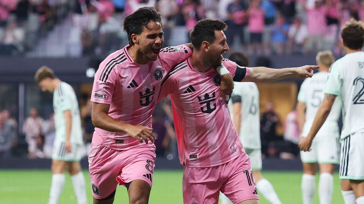 Lionel Messi celebrates after scoring header in Inter Miami's new stadium opener