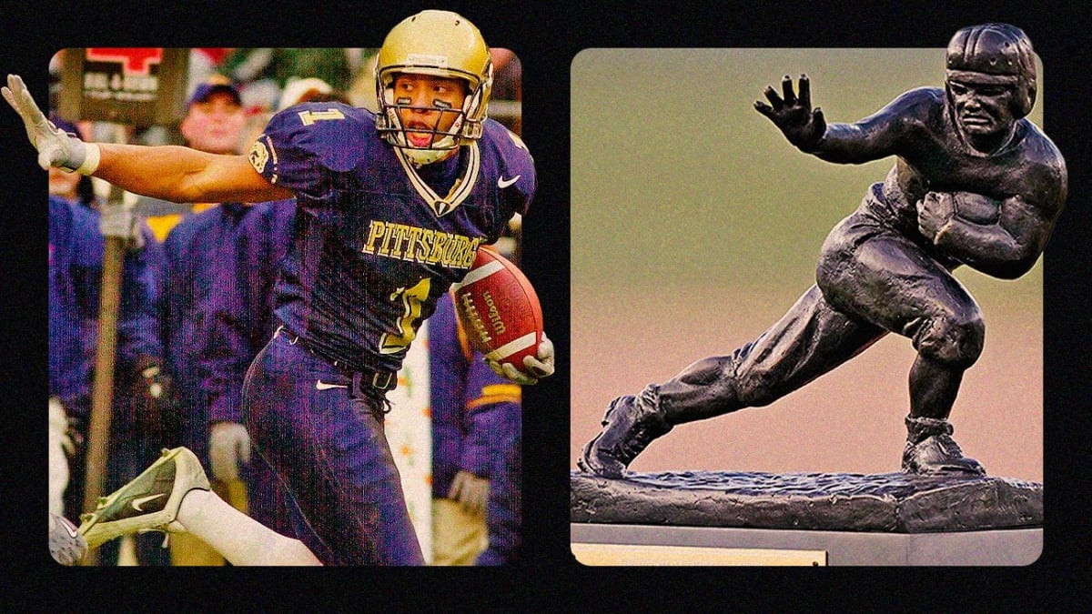 ** Larry Fitzgerald making an acrobatic catch for Pittsburgh Panthers in college football game