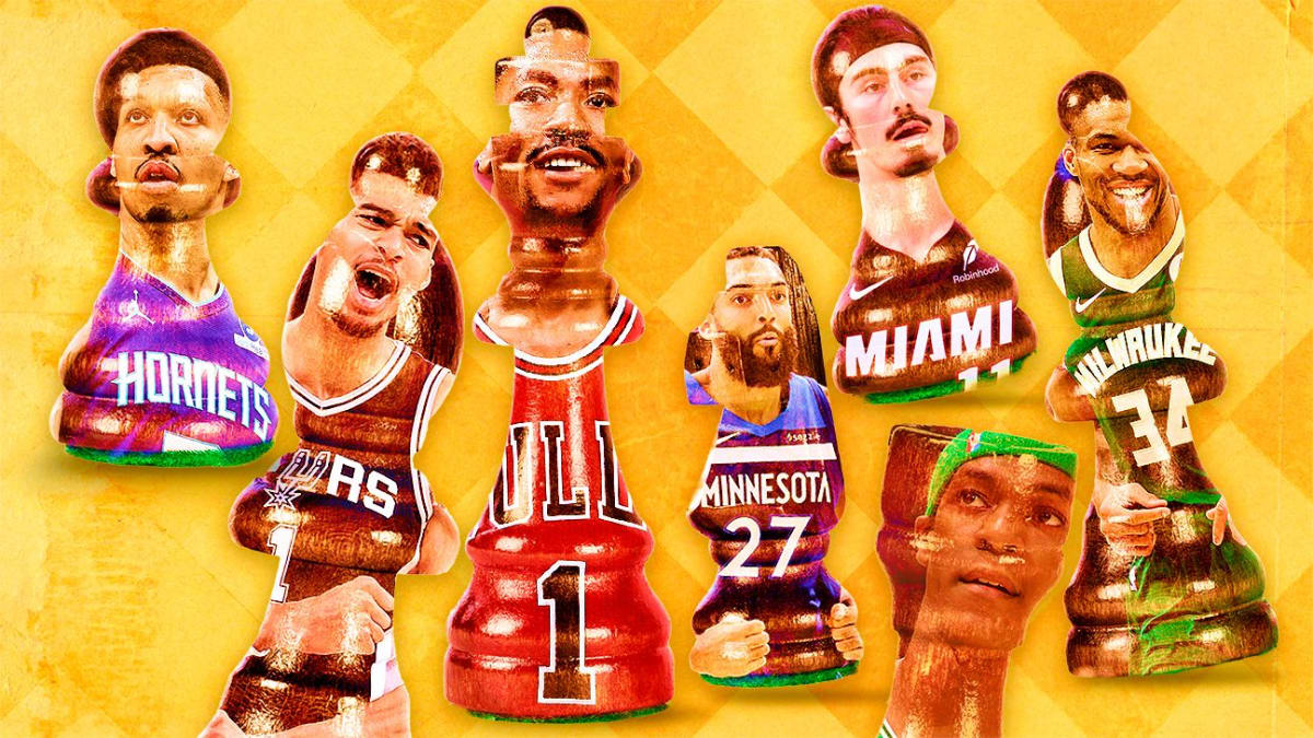 NBA players sitting across chess board during team travel, thinking strategically about next move