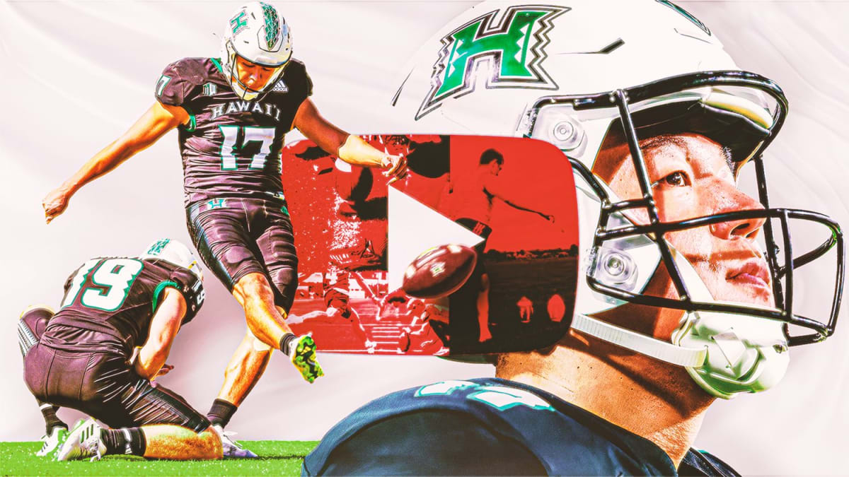Japanese kicker Kansei Matsuzawa in University of Hawai'i uniform preparing to kick field goal