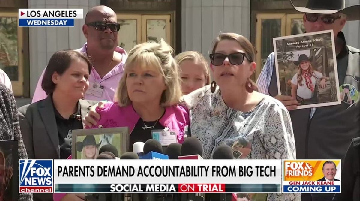 Family members and attorneys speaking to reporters outside Los Angeles courthouse after historic social media verdict