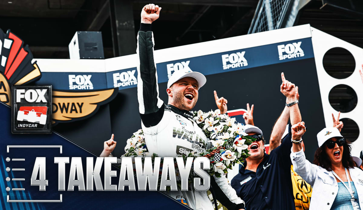 Felix Rosenqvist celebrates winning the Indianapolis 500 in Victory Circle at Indianapolis Motor Speedway