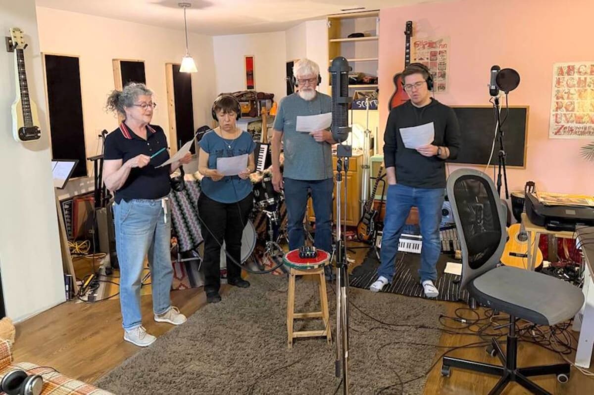 Volunteer singers recording backup vocals for Kindness song at Abbotsford studio