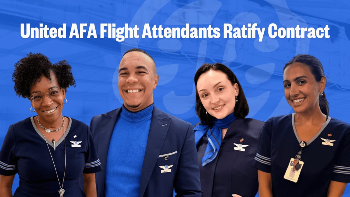 United Airlines flight attendants celebrating in airport terminal after historic contract victory