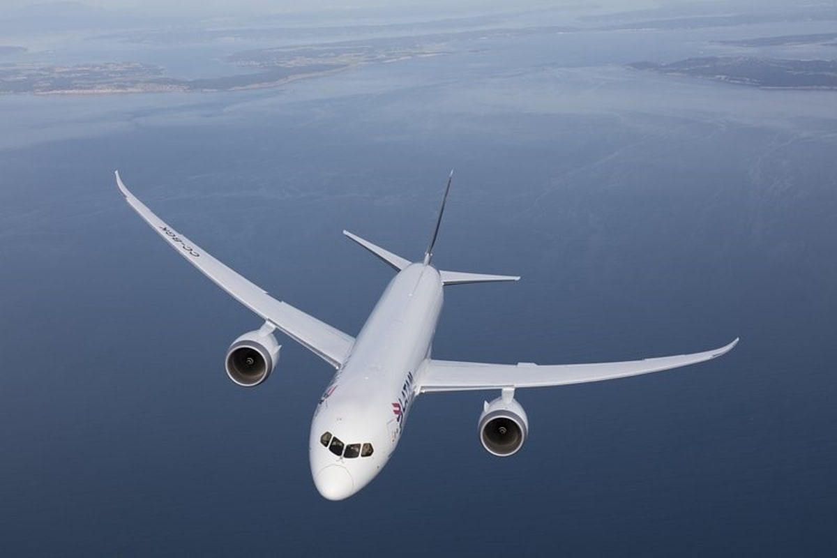 LATAM Airlines aircraft on tarmac representing first sustainable aviation fuel passenger charter flights